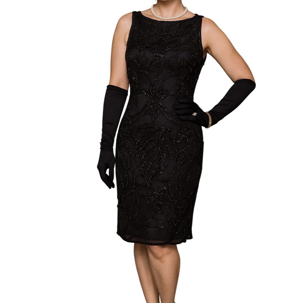 Theia Size 6 Black Beaded Cocktail Dress Sleeveless Sheath Evening Party